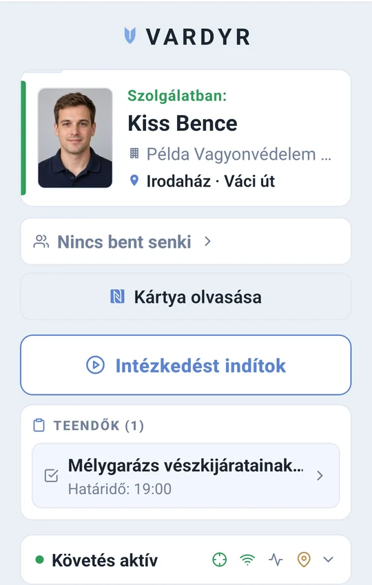 A VARDYR mobilapp főképernyője szolgálat közben